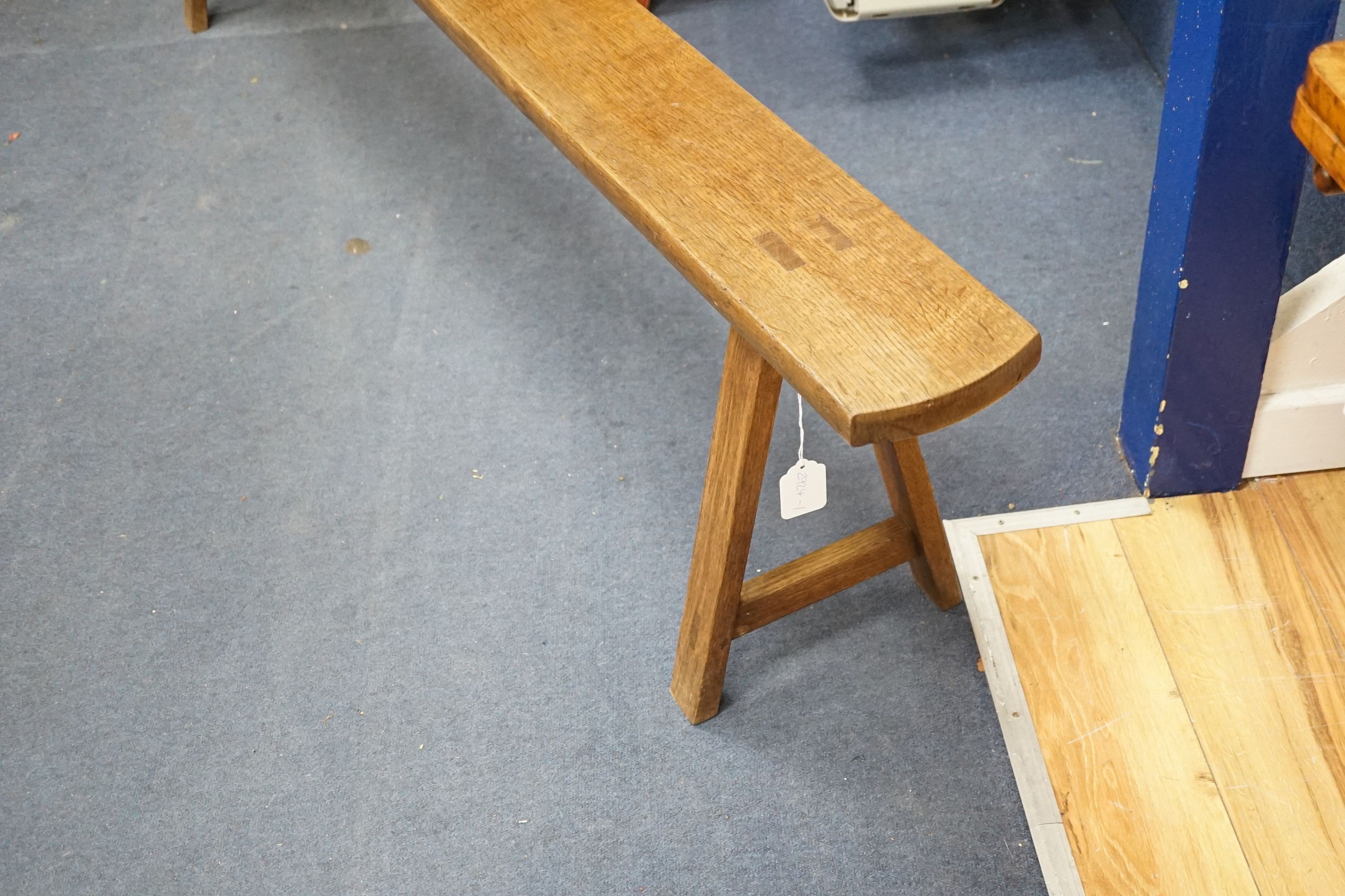 A 19th century French oak bench seat, length 203cm, depth 28cm, height 46cm